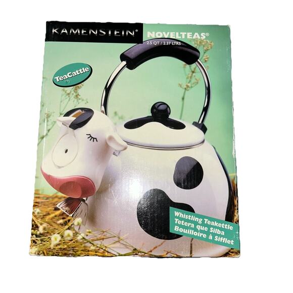 Vintage M Kamenstein Black White Cow 2.5 Qt Whistling Tea Kettle New - Picture 1 of 10